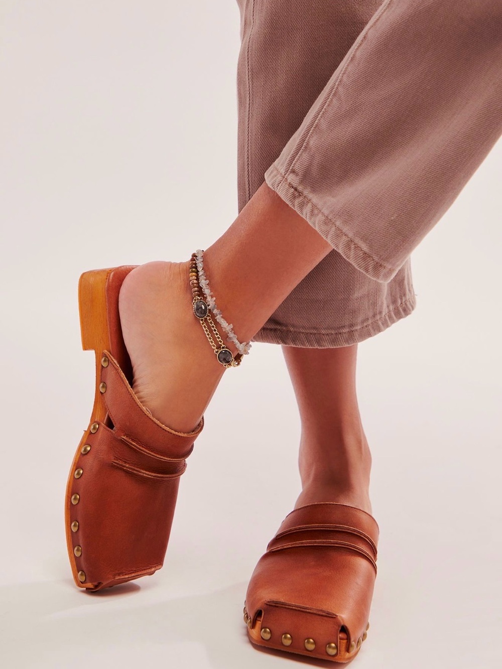 Free People Copper Tan Leather Studded Clog Mules